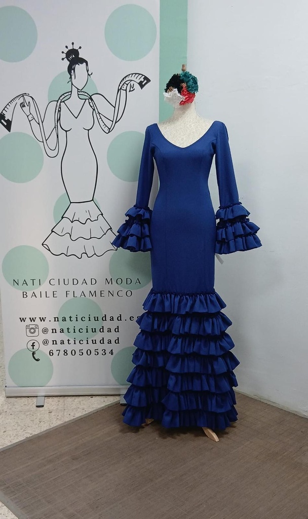 VESTIDO MARIQUILLA AZUL AÑIL LISO ,MULTIVOLANTE (34)