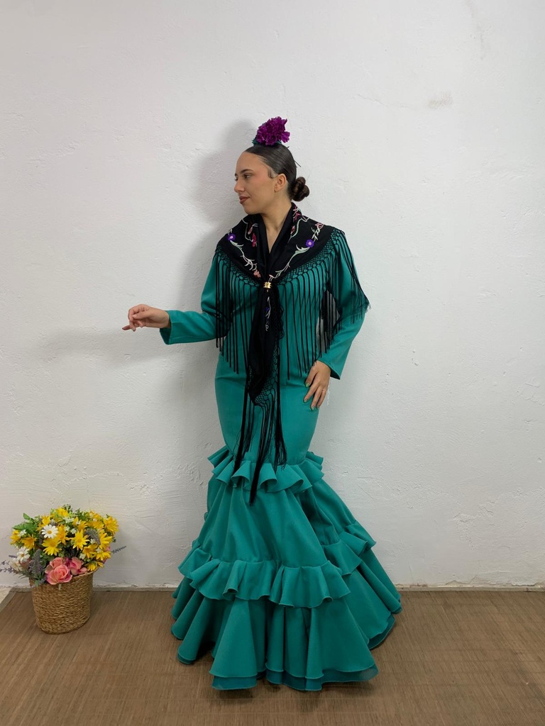 VESTIDO VERDE AGUA OSCURO LISO Y CON LUNAR (Verde agua liso, 42, Corta con volante)